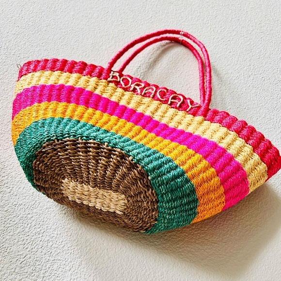 Bright Colorful Striped BORACAY Straw Zip Closure Boho Medium Tote Shoulder Bag - Picture 3 of 13